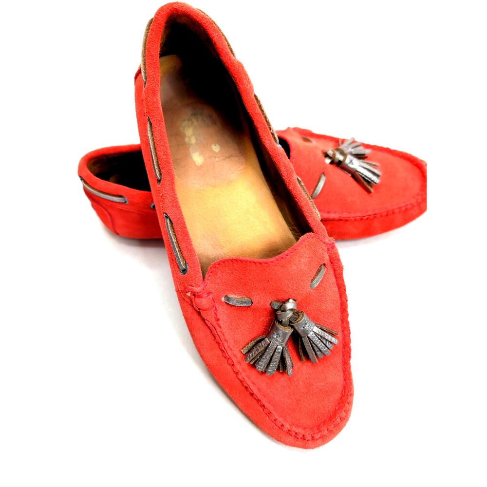 Peter Millar Womens Driving Moccasins Size 7.5 Coral Orange Suede Silver Tassel